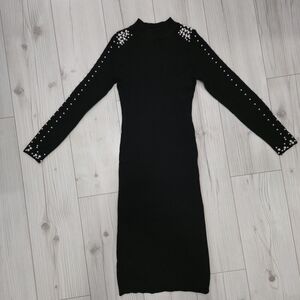 Chic Black Long Sleeve Dress with Pearl Details